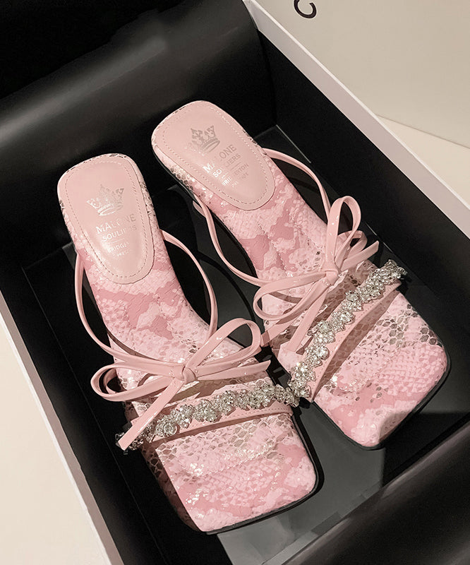 Zircon Bow Slide Stylish Sandals Heels Chunky Pink Splicing FashionChic