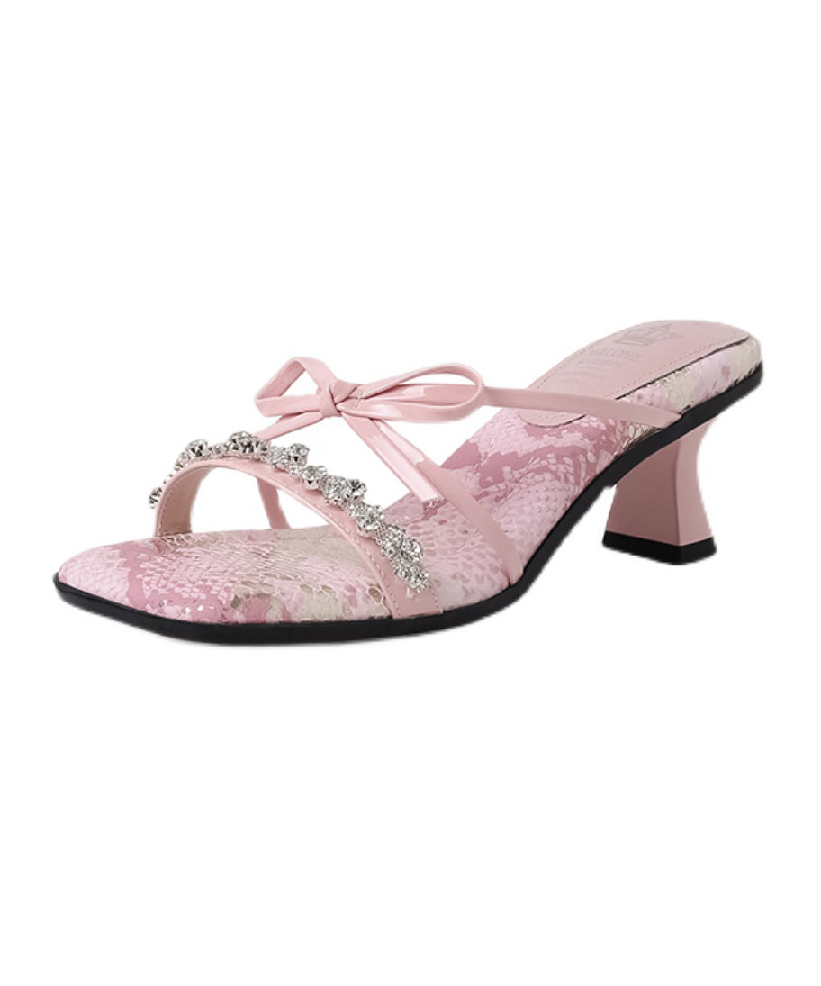Zircon Bow Slide Stylish Sandals Heels Chunky Pink Splicing FashionChic