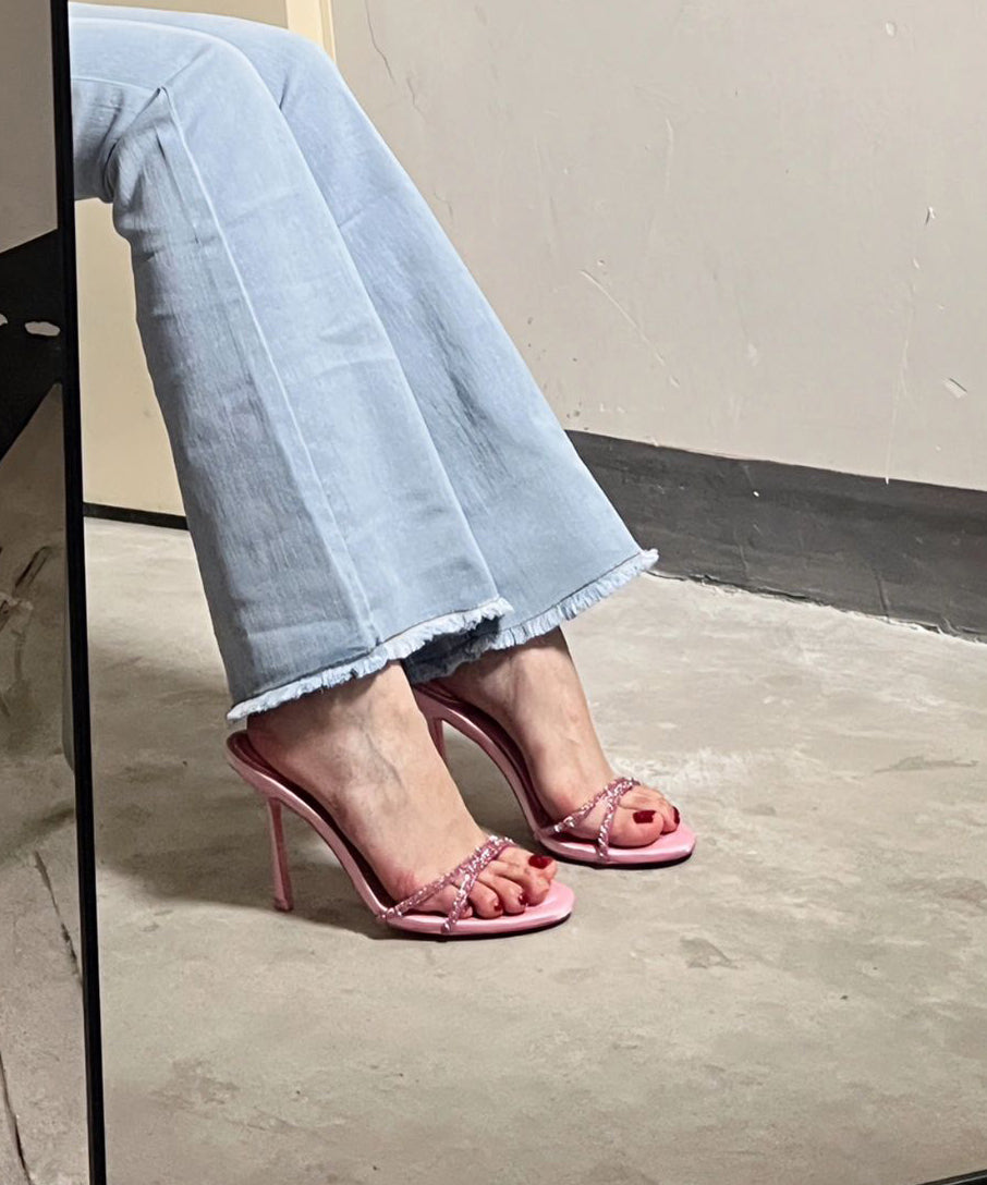 Stiletto Peep Splicing Sandals Pink Toe Zircon Stylish Slide FashionChic