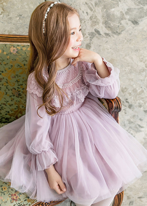 Stylish Purple O-Neck Patchwork Tulle Girls Maxi Dresses Lantern Sleeve YE022 ABC