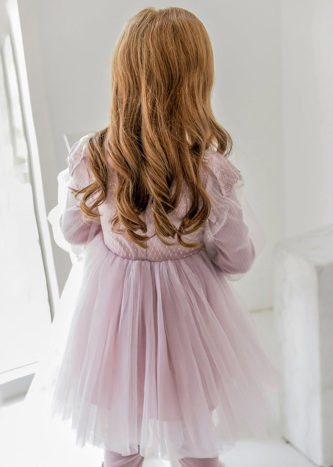 Stylish Purple O-Neck Patchwork Tulle Girls Maxi Dresses Lantern Sleeve YE022 ABC