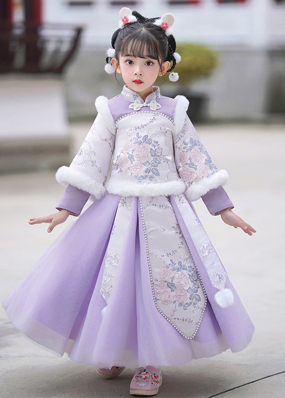 Stylish Purple Stand Collar Embroideried Nail Bead Girls Maxi Dresses Winter TR011 ABC