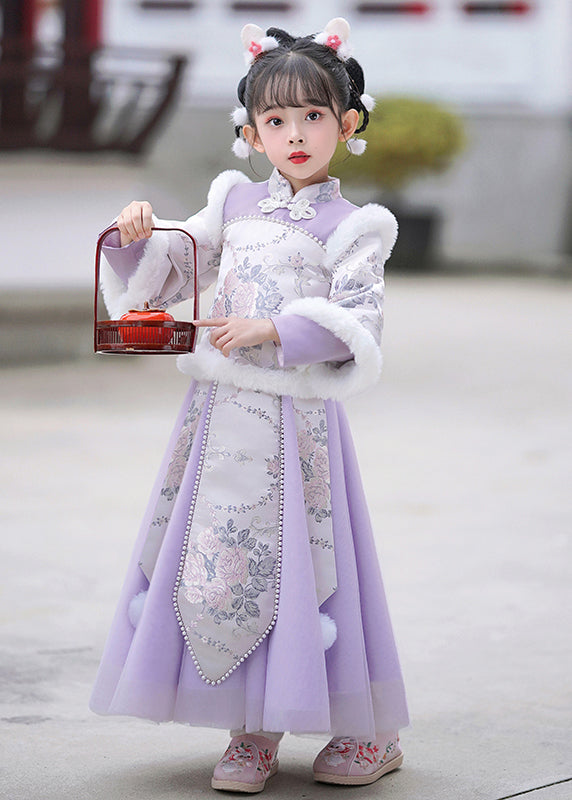 Stylish Purple Stand Collar Embroideried Nail Bead Girls Maxi Dresses Winter TR011 ABC