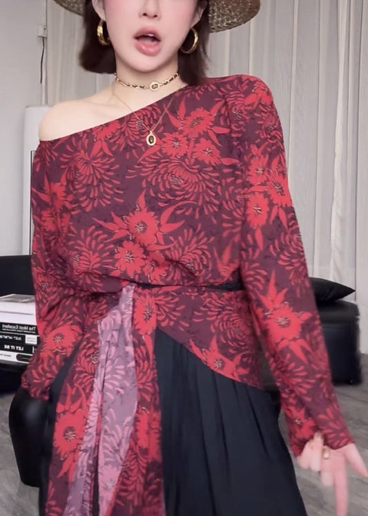 Print Fall Stylish Asymmetrical Shirts Cotton Waist Tie Red FashionChic