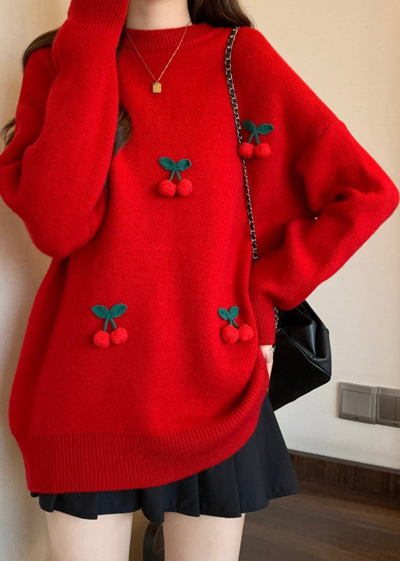 Stylish Red O-Neck Cherry Decorated Knit Sweater Winter RG023 ABC