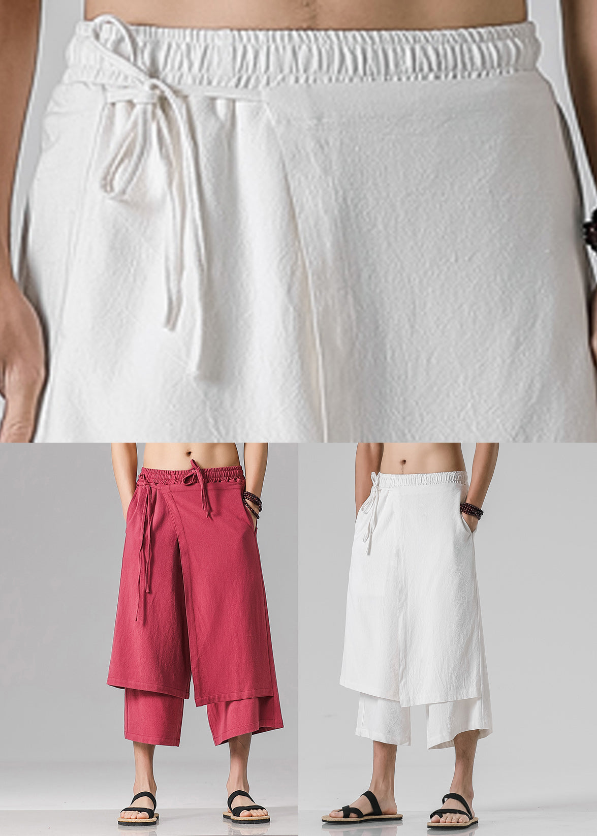 Stylish Red Pockets Patchwork Tie Waist Men Pants Summer YT011 Men-Silk-MENCP240721