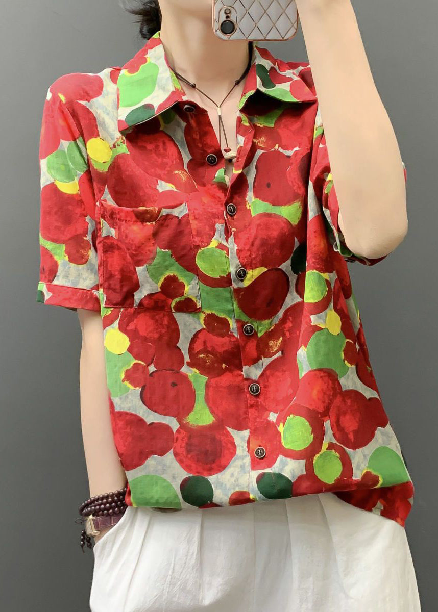 Stylish Red Print Button Pockets Cotton Blouses Short Sleeve AU1041 MZF-240903