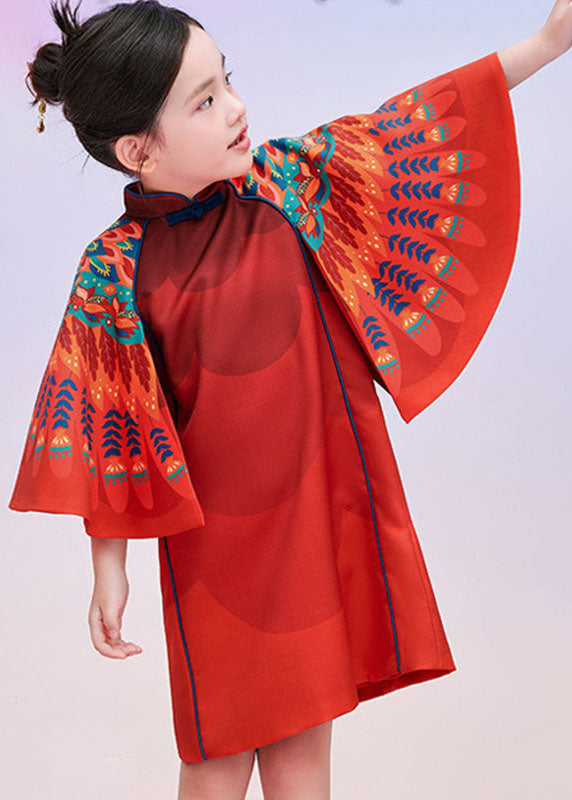 Dresses Sleeves Kids Print Stylish Cloak Red Vacation Maxi FashionChic