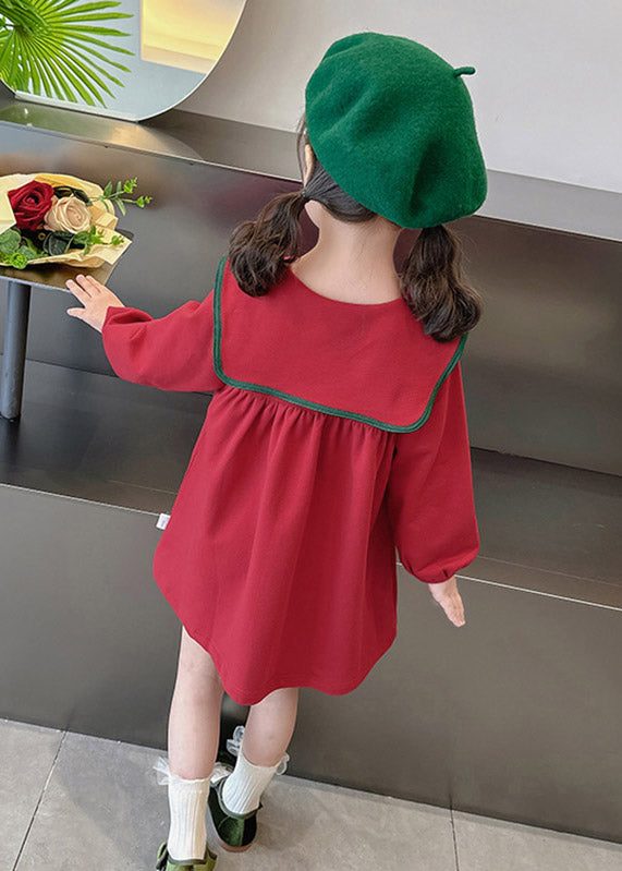 Stylish Red Sailor Collar Patchwork Kids Maxi Dress Spring YE023 ABC