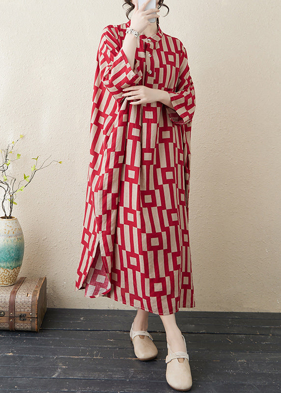 Red Side Open Collar Stylish Stand Striped Bracelet Dress Long FashionChic