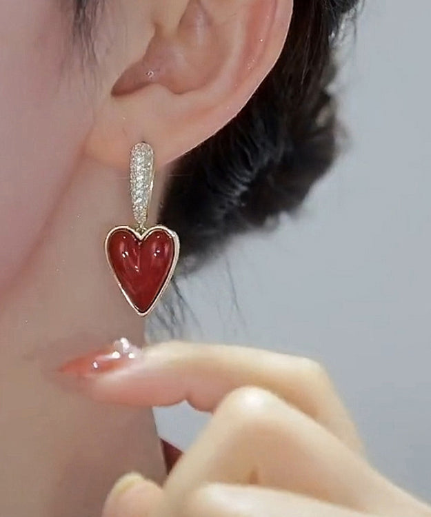 Stylish Red Sterling Silver Overgild Zircon Love Drip Glaze Drop Earrings KX1046 Ada Fashion