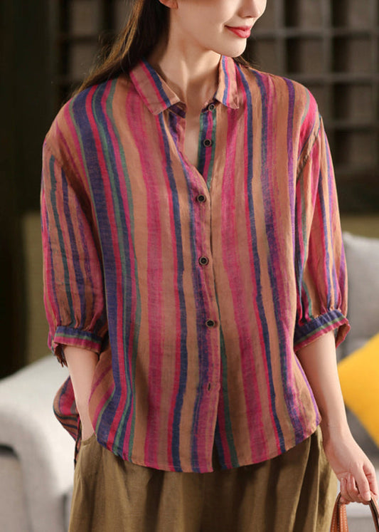 Rose Pan Peter Bracelet Linen Collar Shirts Stylish Striped FashionChic