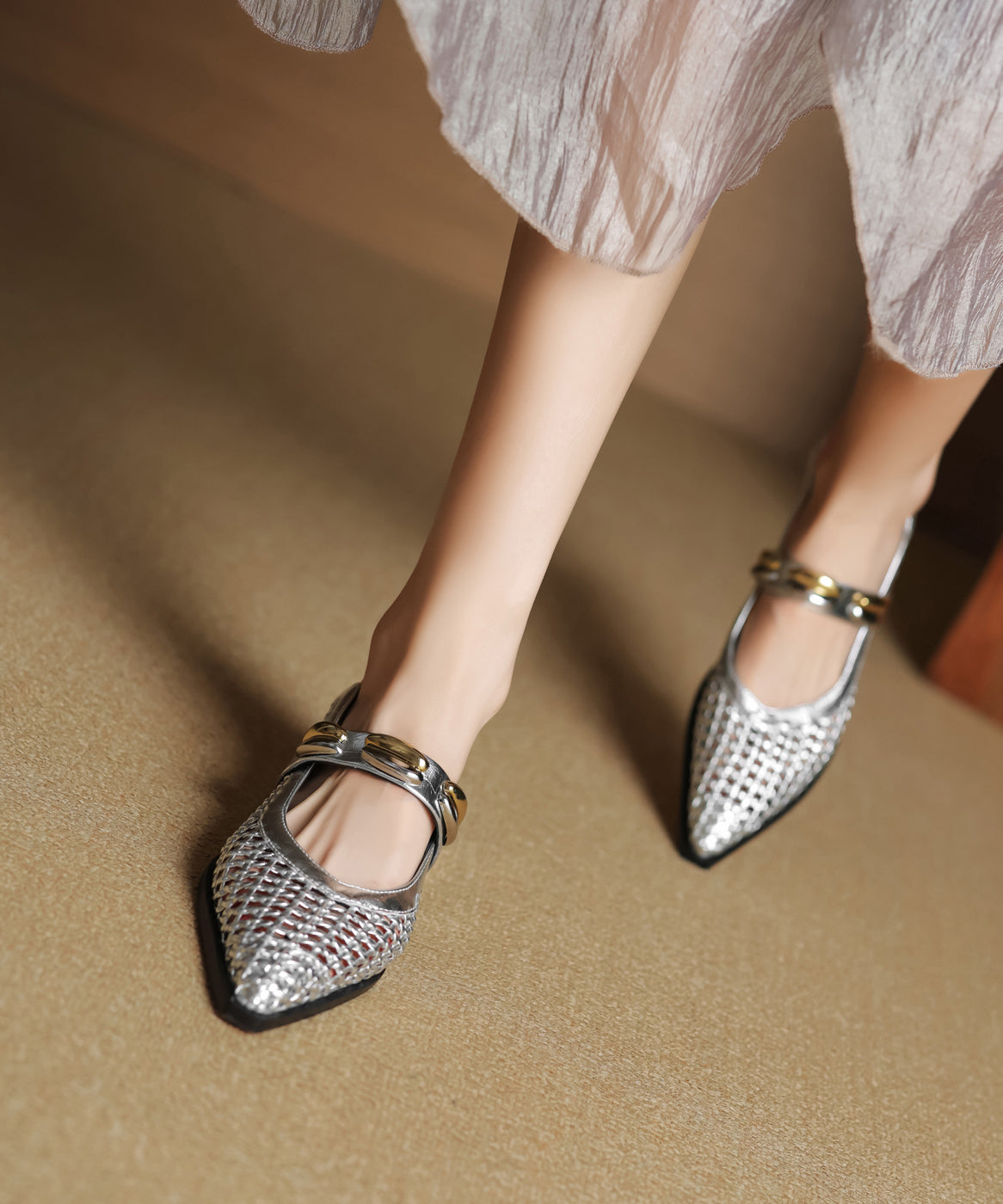 Stylish Cowhide Shoes Silver Hollow Out Splicing Flat Leather FashionChic