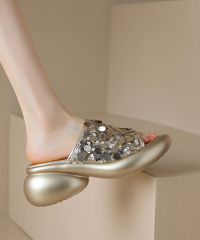 Splicing Gold Stylish Platform Peep Slide Sandals Sequins Toe FashionChic