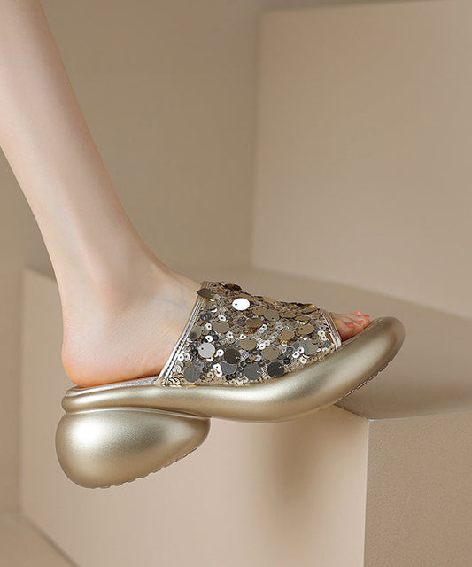 Splicing Gold Stylish Platform Peep Slide Sandals Sequins Toe FashionChic