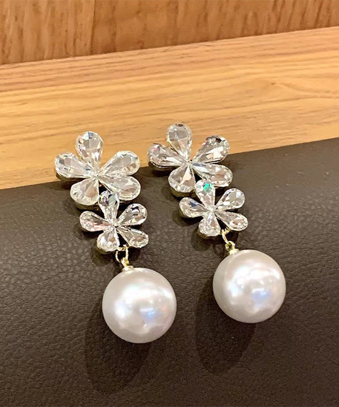 White Zircon Copper Floral Drop Earrings Pearl Overgild Stylish FashionChic