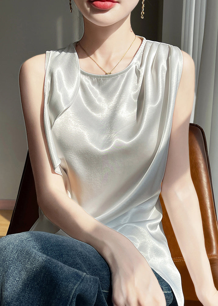 Tank White Open Silk Sleeveless Stylish Side Neck O FashionChic