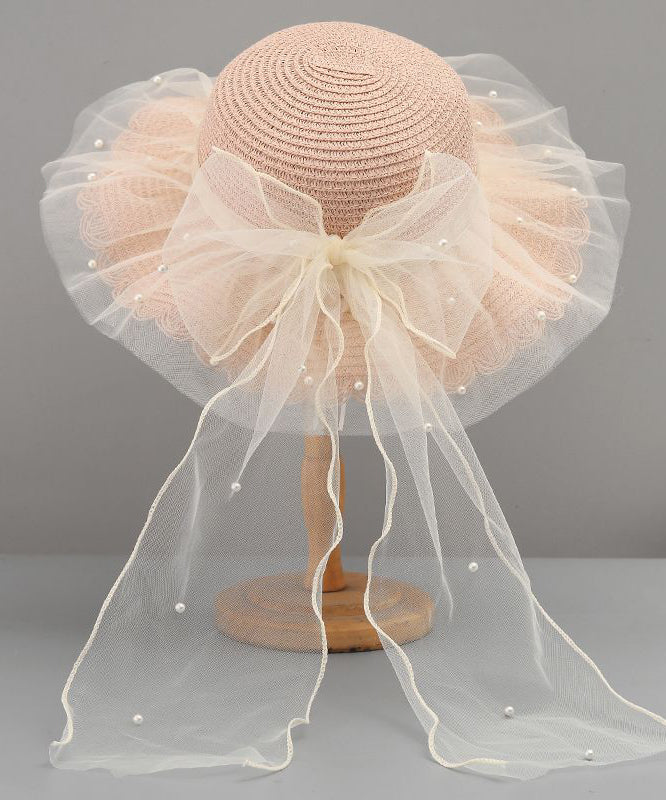 Stylish Floppy Sun Bow White Hat Straw Woven Tulle FashionChic