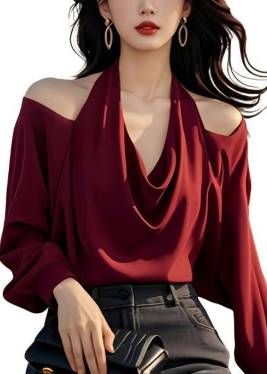 Stylish Wine Shoulder Spring Cold Tops Design Red Solid Original FashionChic