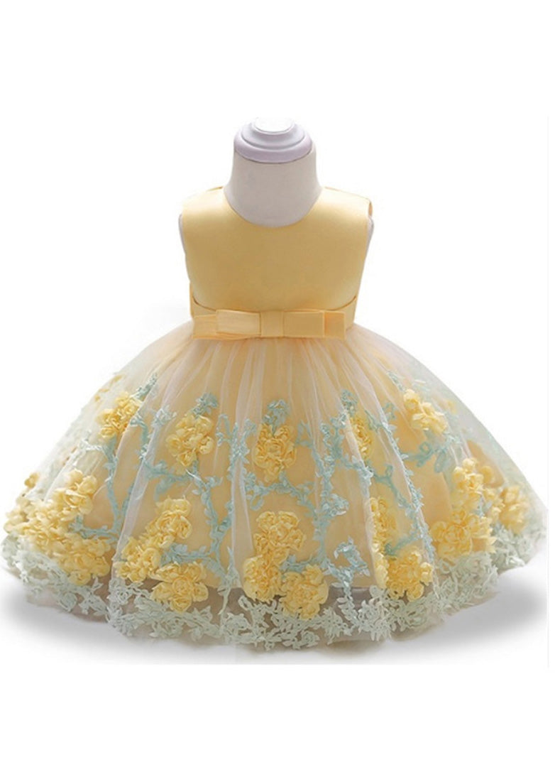 Stylish Yellow O-Neck Embroideried Floral Tulle Girls Long Dresses Summer YS031 ABC
