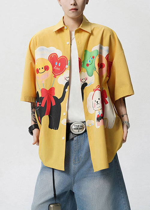 Mens Button Stylish Yellow Collar Shirts Cotton Peter Pan Print FashionChic