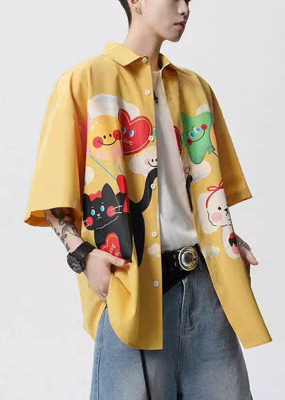 Mens Button Stylish Yellow Collar Shirts Cotton Peter Pan Print FashionChic