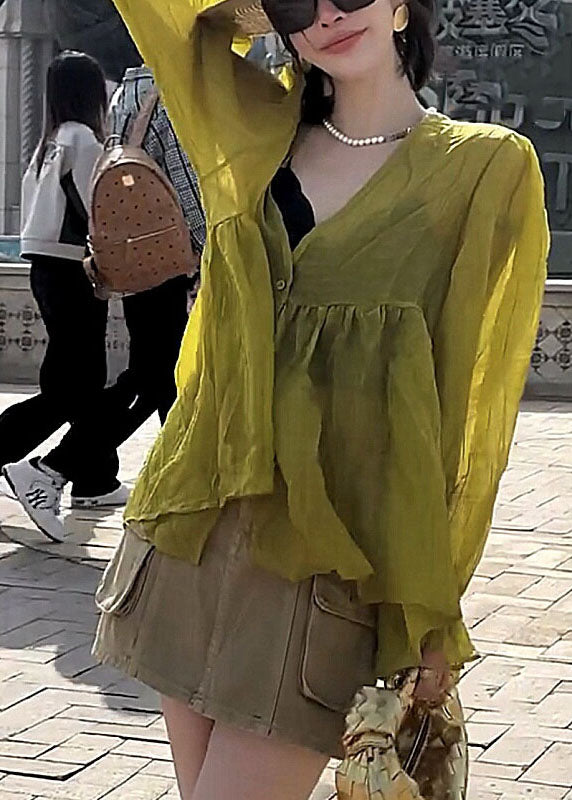 Stylish Yellow V Neck Patchwork Silk Cotton Shirt Lantern Sleeve BV036 MZF-LTP240702