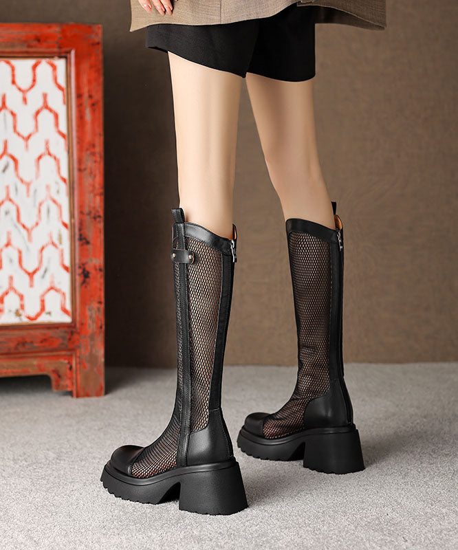 Summer Black Hollow Out Breathable Mesh Splicing Chunky Heel Boots JJ062 Shoe-XZ240609