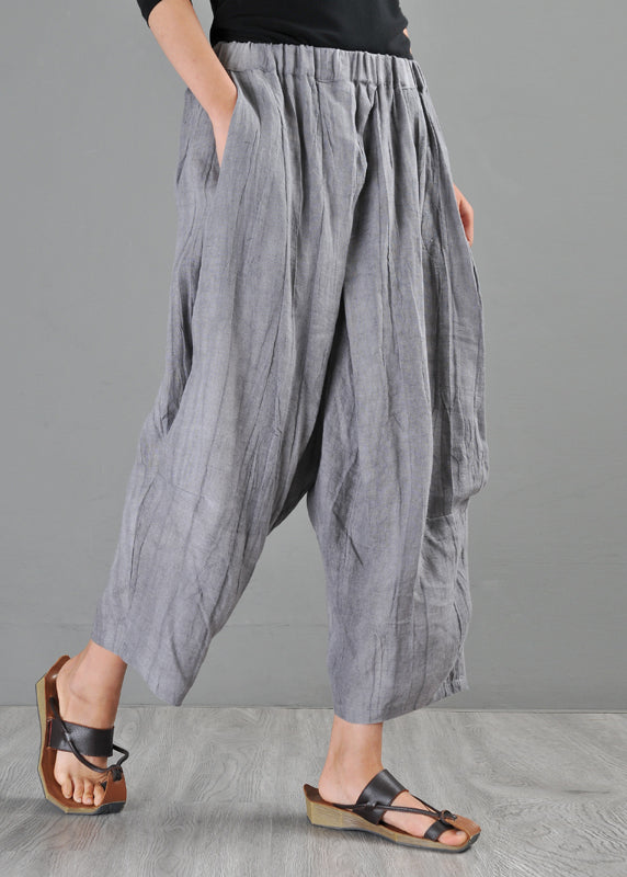 Summer New Grey Elastic Waist Loose Linen Harlen Pants AP069 GK-CPTS240718
