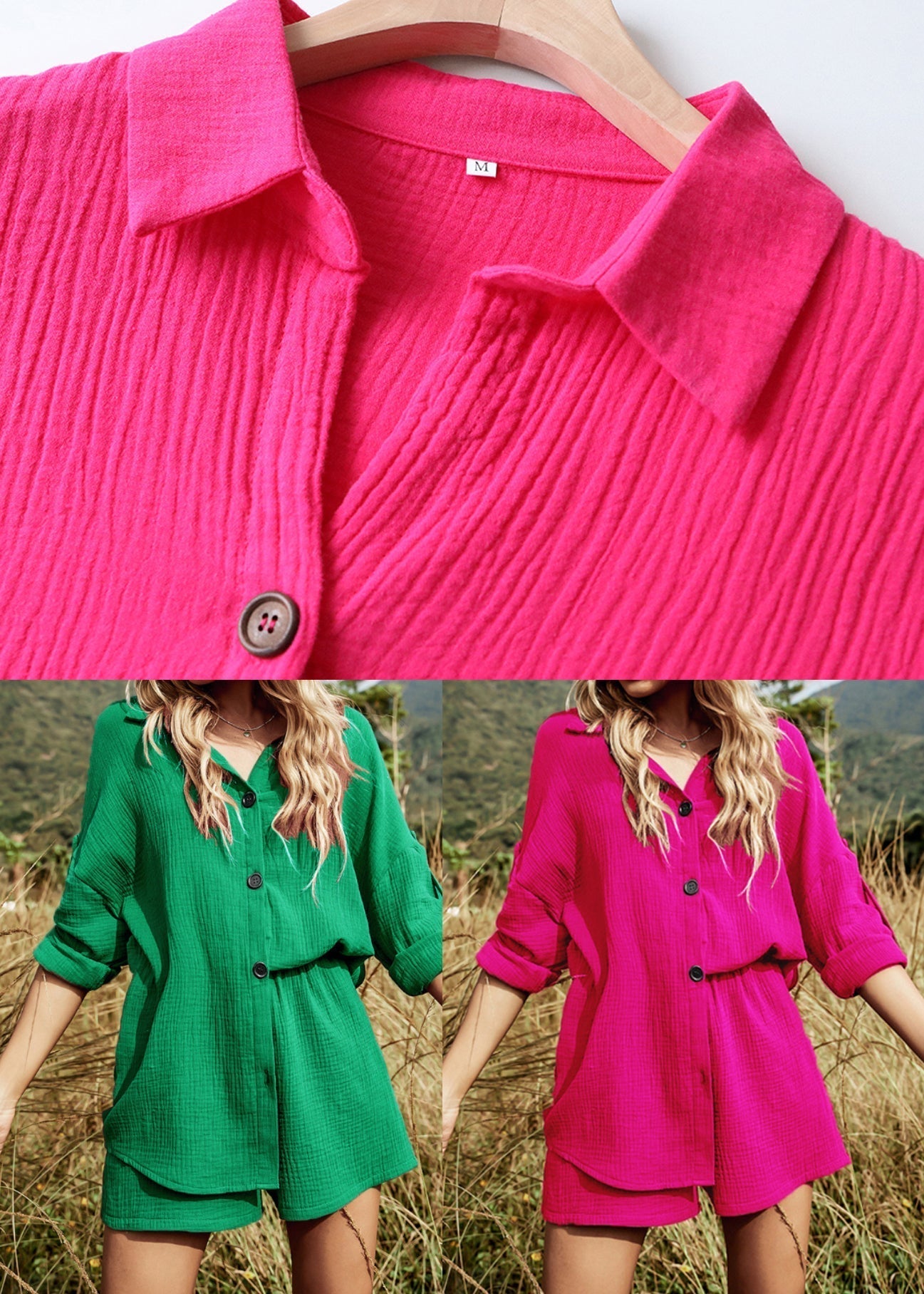 Tea Cotton Button Oversized Two Pieces Set Green Summer FashionChic