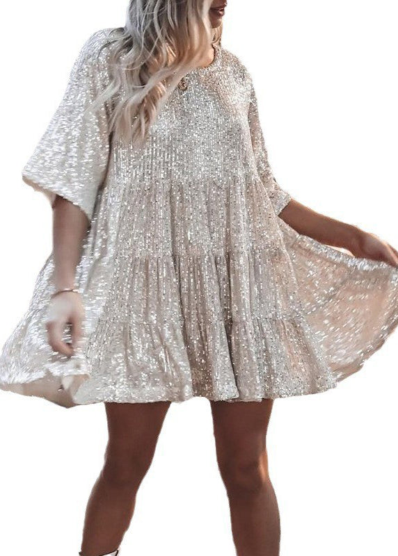 Mid Dress Summer Oversized Sequins Beige Unique FashionChic