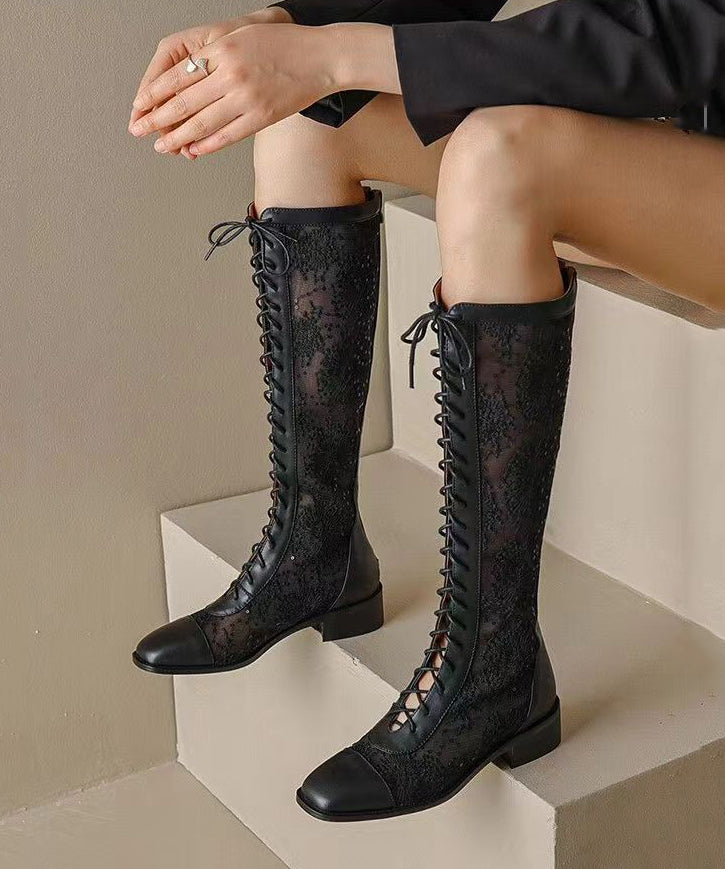 Unique Black Embroidery Floral Tulle Splicing Chunky Boots JJ075 Shoe-XZ240609
