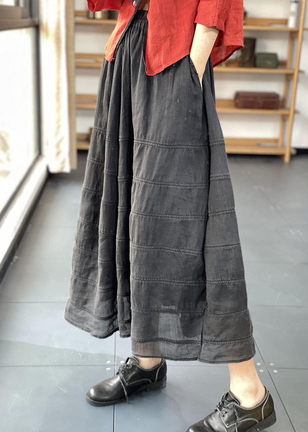 Unique Black Striped Patchwork Elastic Waist Maxi Skirts UU035 OM-MM240820