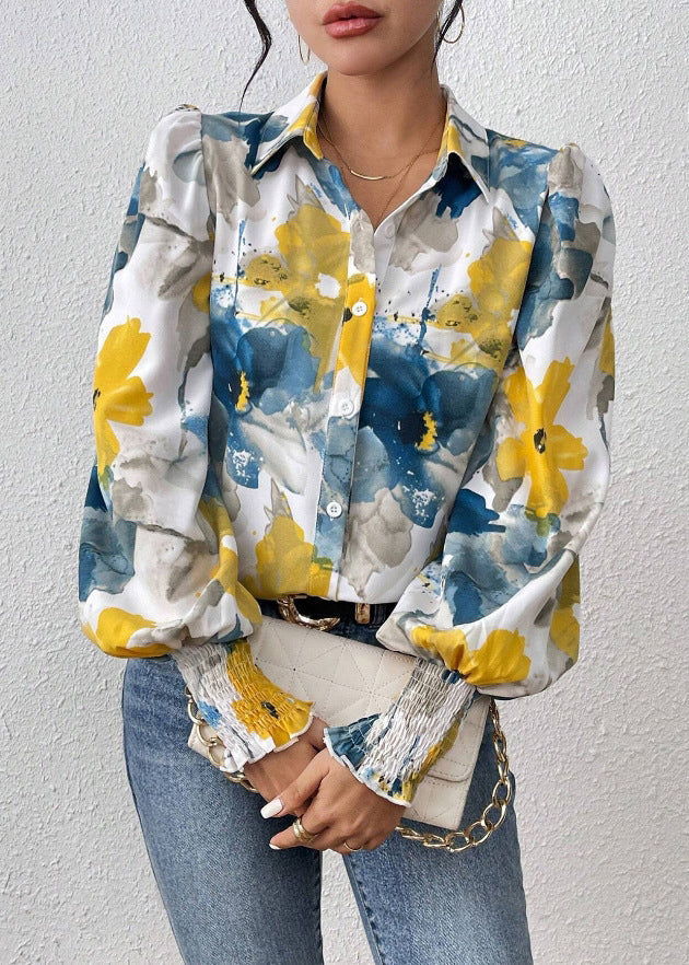 Blouses Blue Spring Button Unique Cotton Print FashionChic