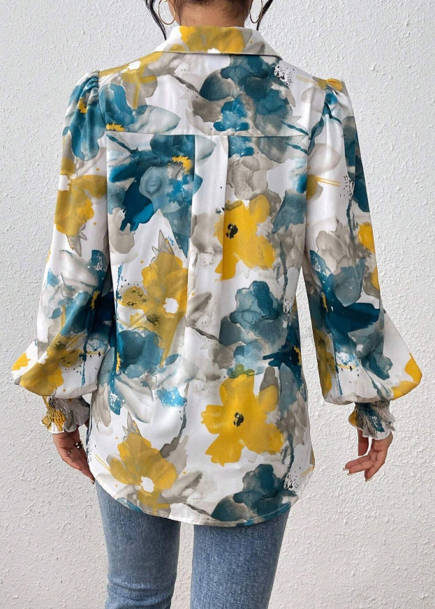 Blouses Blue Spring Button Unique Cotton Print FashionChic
