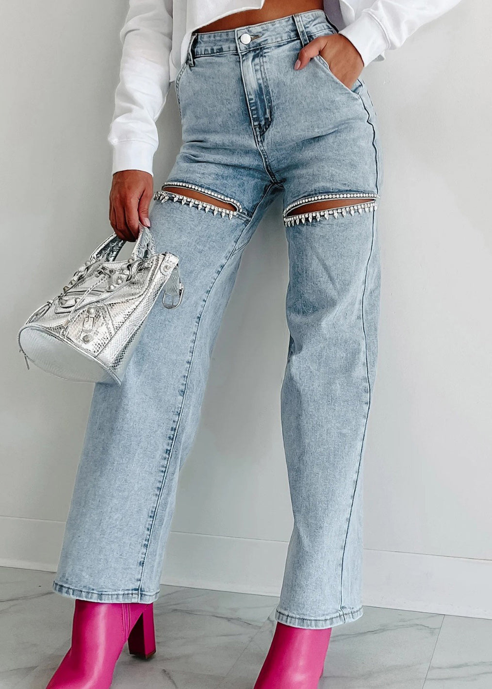 Unique Summer Straight High Waist Hole Blue Pockets Jeans FashionChic