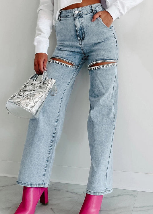 Unique Summer Straight High Waist Hole Blue Pockets Jeans FashionChic