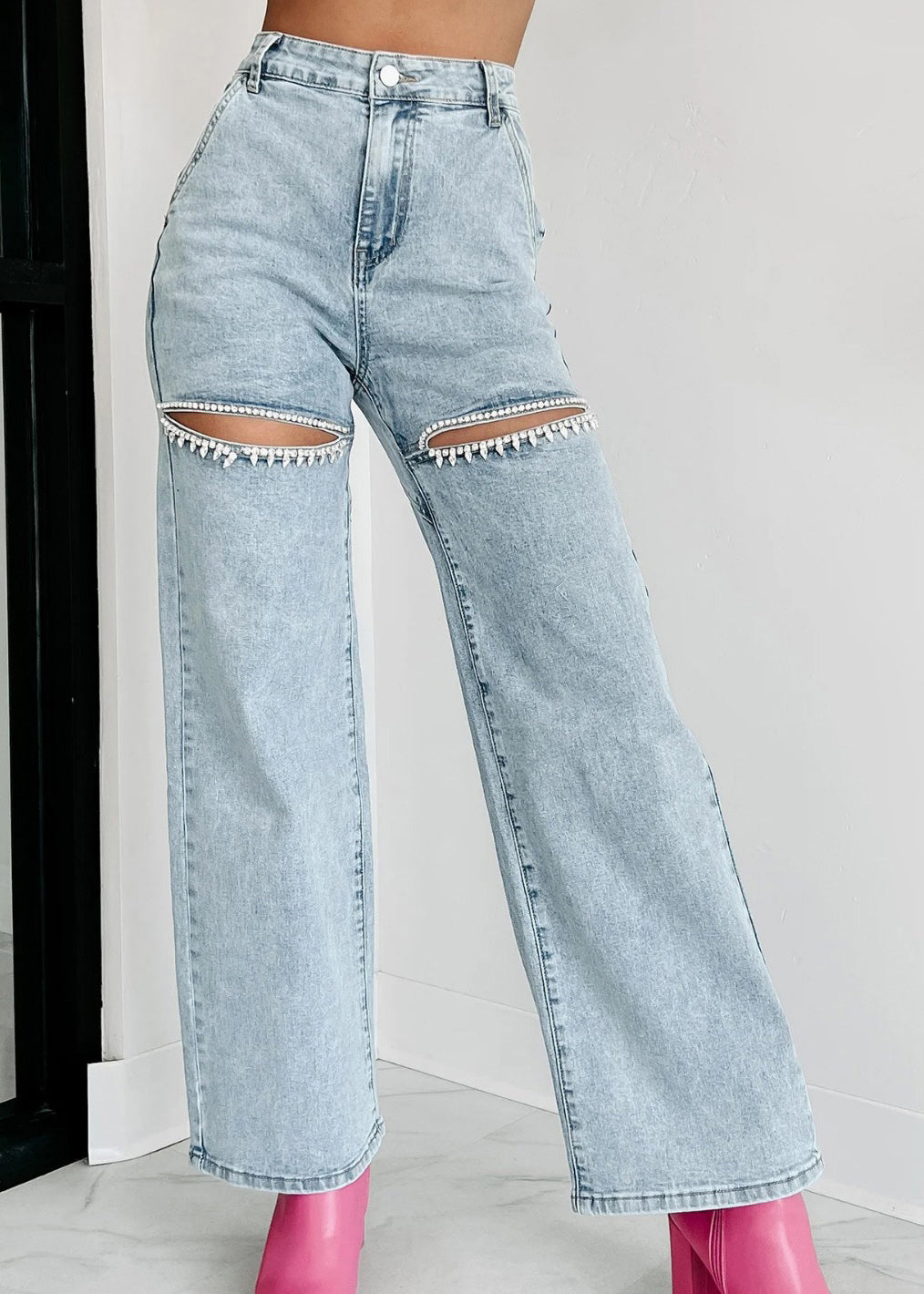 Unique Summer Straight High Waist Hole Blue Pockets Jeans FashionChic