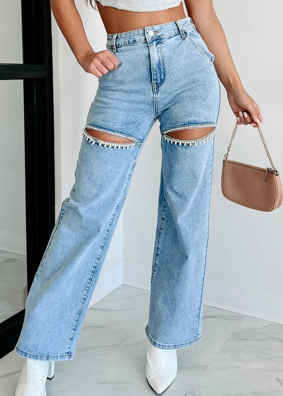 Blue Summer High Unique Straight Pockets Jeans Hole Waist FashionChic