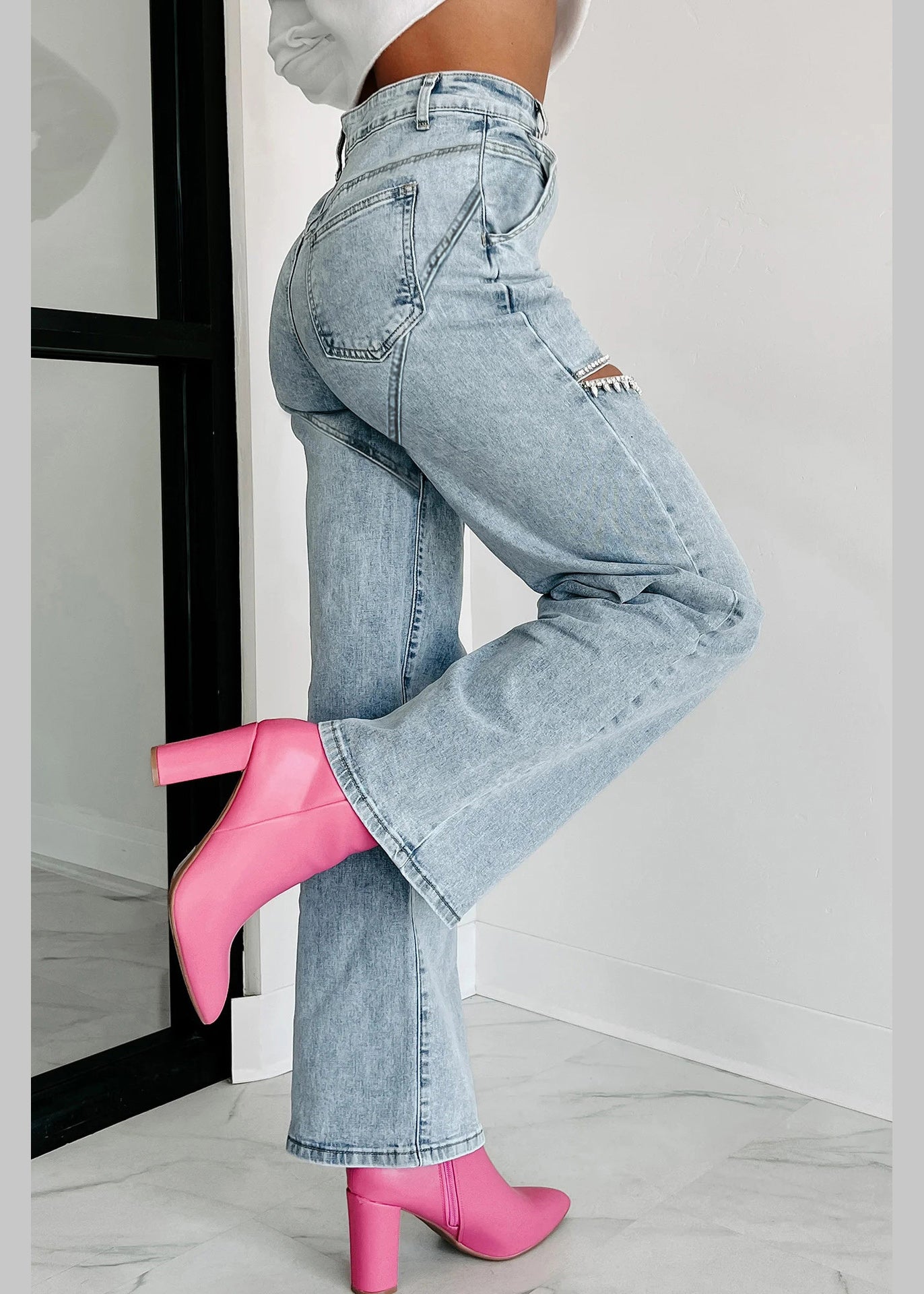 Blue Summer High Unique Straight Pockets Jeans Hole Waist FashionChic