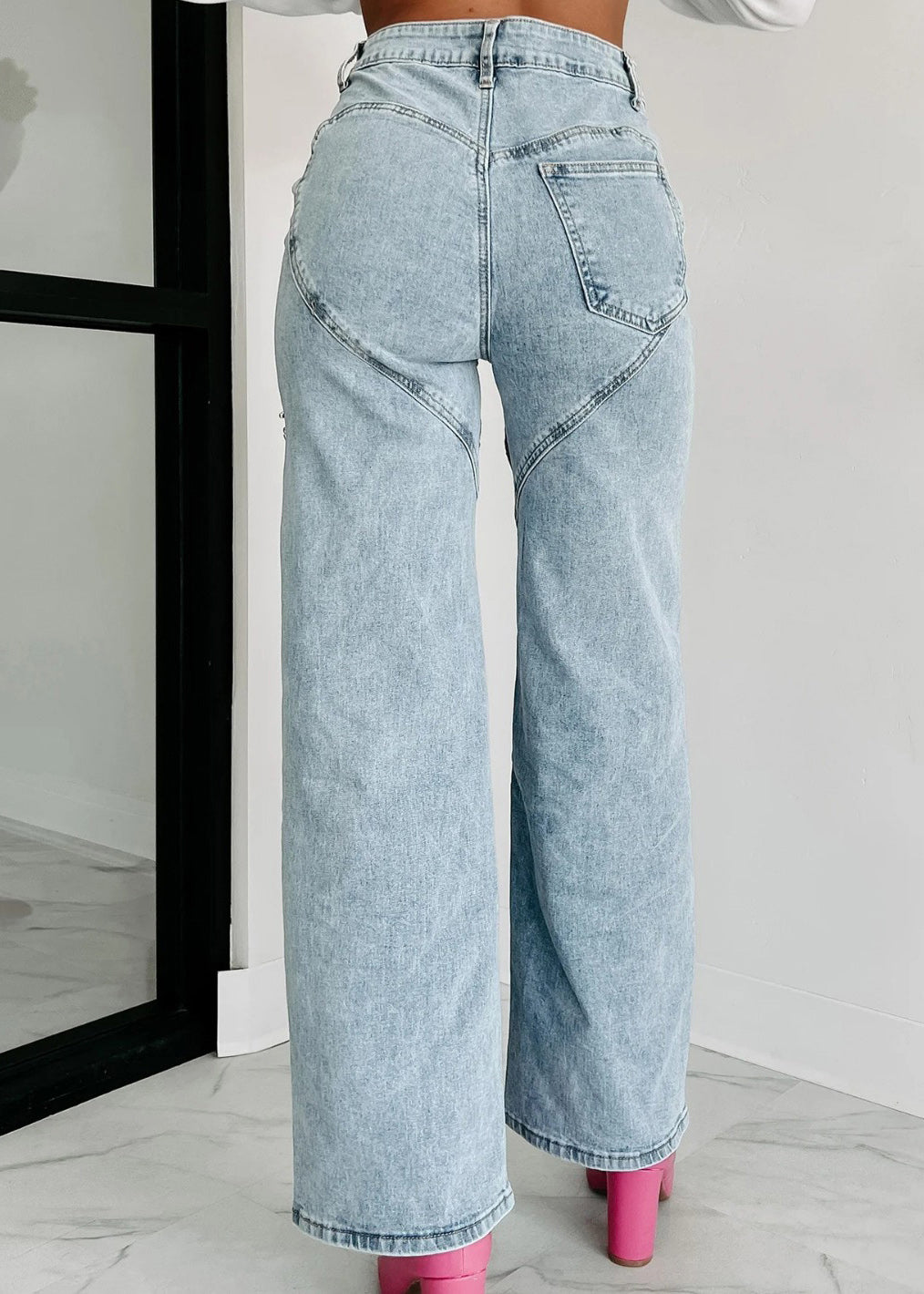 Unique Summer Straight High Waist Hole Blue Pockets Jeans FashionChic