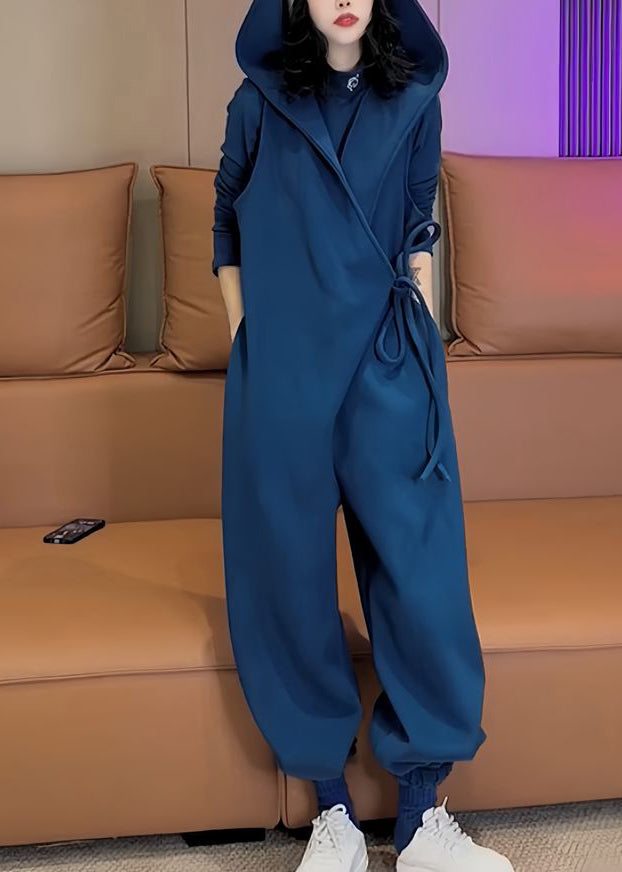 Unique Blue Hooded Lace Up Warm Fleece Jumpsuit Spring YY037 ABC