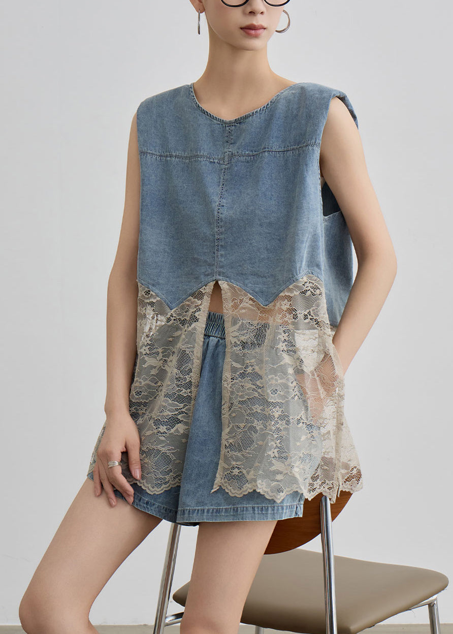 Two O Unique Pieces Blue Denim Lace Set Patchwork Neck Summer FashionChic