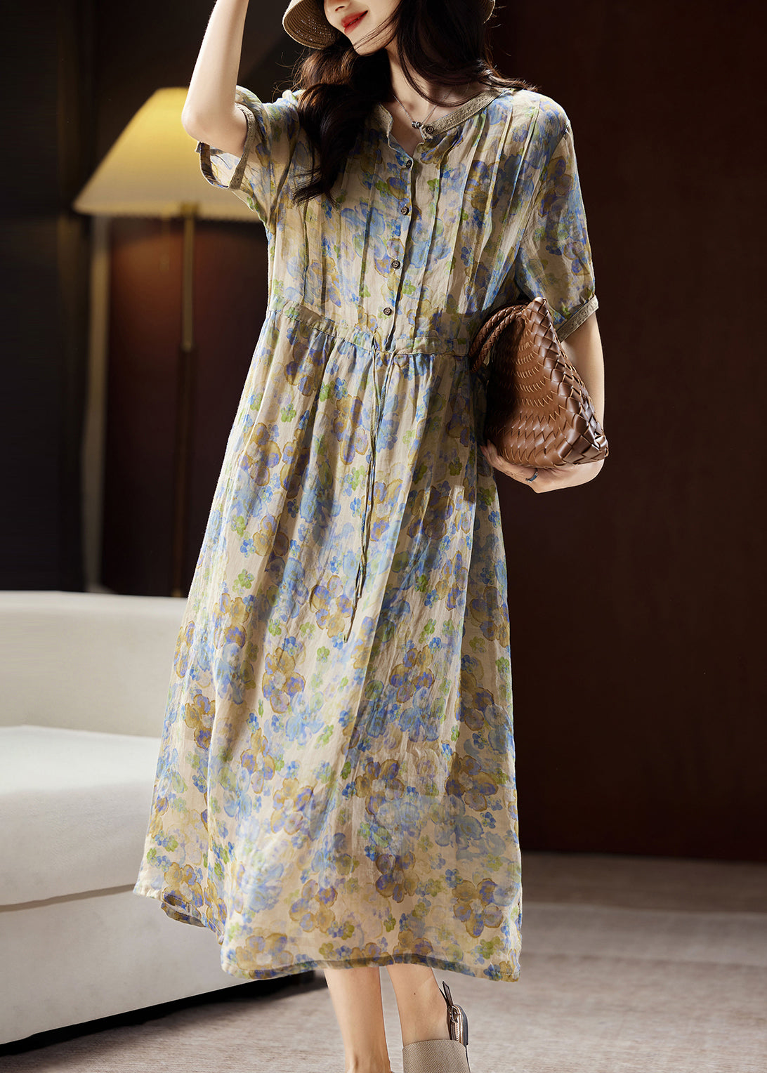 Unique Blue Stand Collar Print Button Linen Maxi Dresses Summer WW035 OL-SDL240812