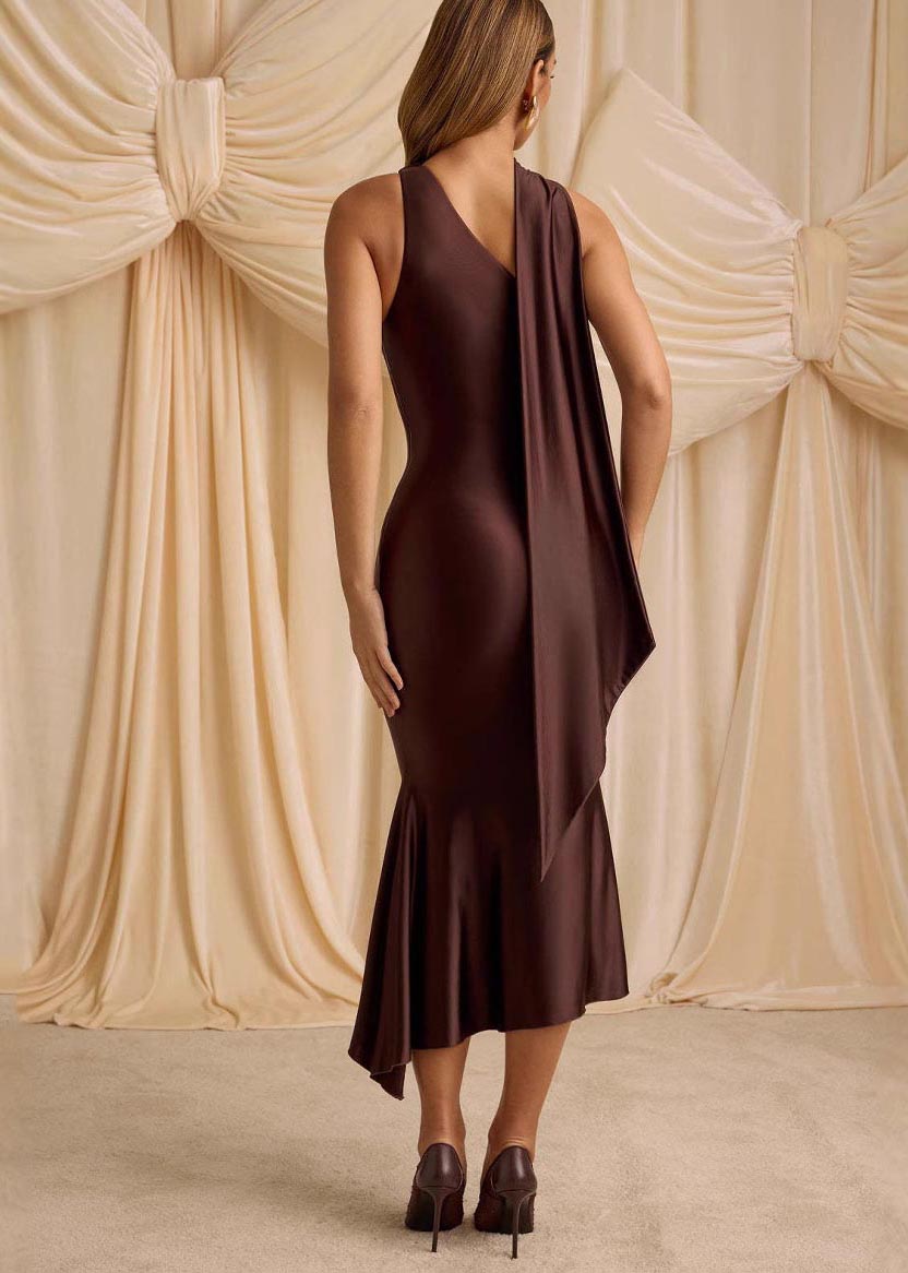 Wraped Silk Shoulder Chocolate One Unique Dress Ice Summer FashionChic