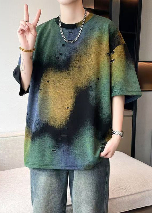 Men Dye Unique T Tie Summer Shirt Green Hole Cotton FashionChic