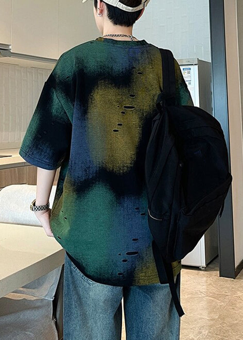 Men Dye Unique T Tie Summer Shirt Green Hole Cotton FashionChic