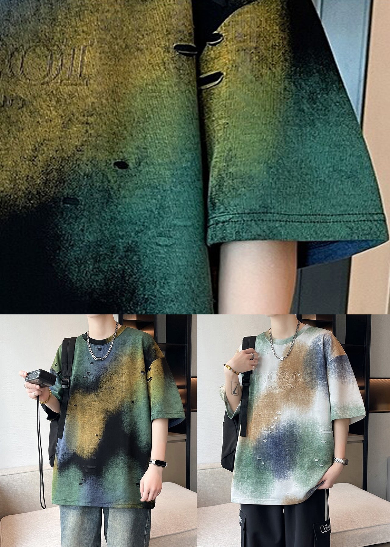 Men Dye Unique T Tie Summer Shirt Green Hole Cotton FashionChic