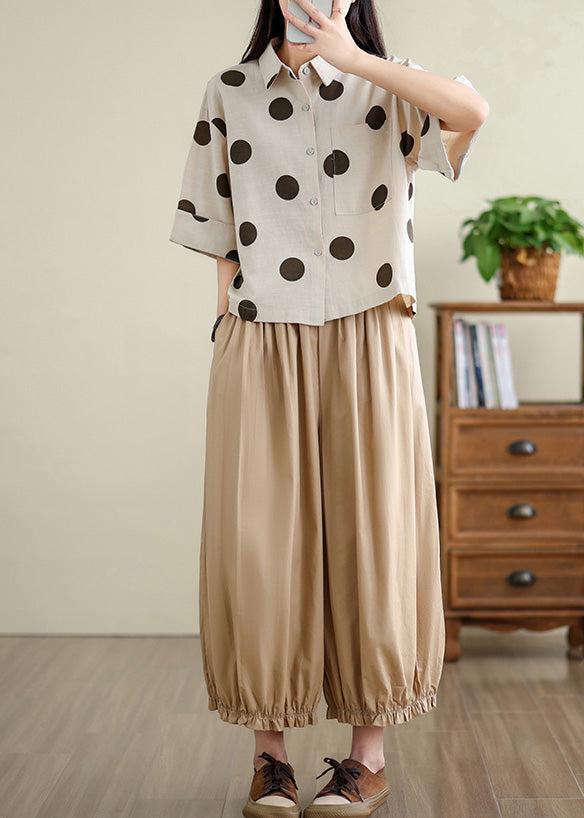 Unique Khaki Oversized Dot Cotton Shirts Half Sleeve TM036 ABC