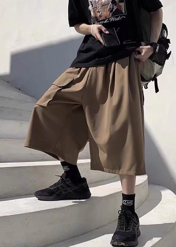 Unique Khaki Pockets Patchwork Elastic Waist Ice Silk Mens Crop Pants YT007 Men-Silk-MENCP240721